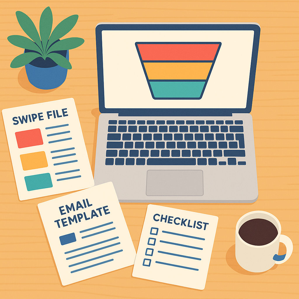 Flat-lay of a workspace with a laptop displaying a funnel diagram, printed swipe-files, email template sheets, and a checklist on a wooden desk
