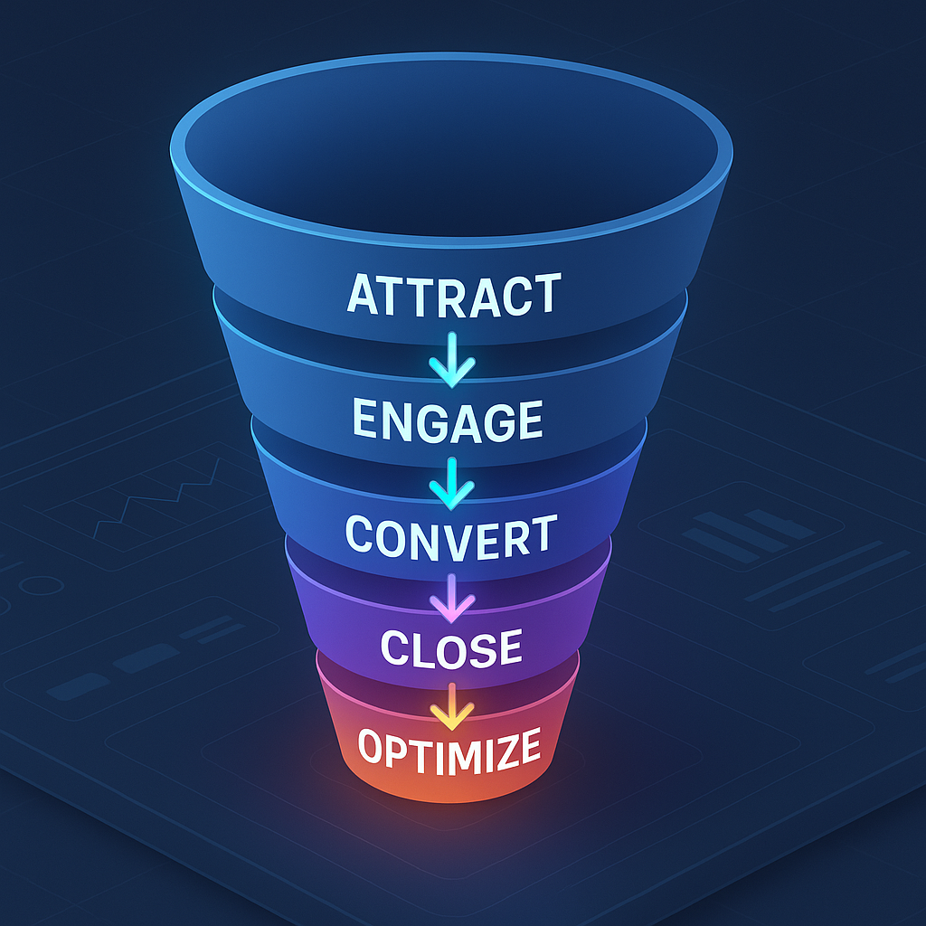 Isometric infographic showing five stages of a digital sales funnel: Attract, Engage, Convert, Close, Optimize
